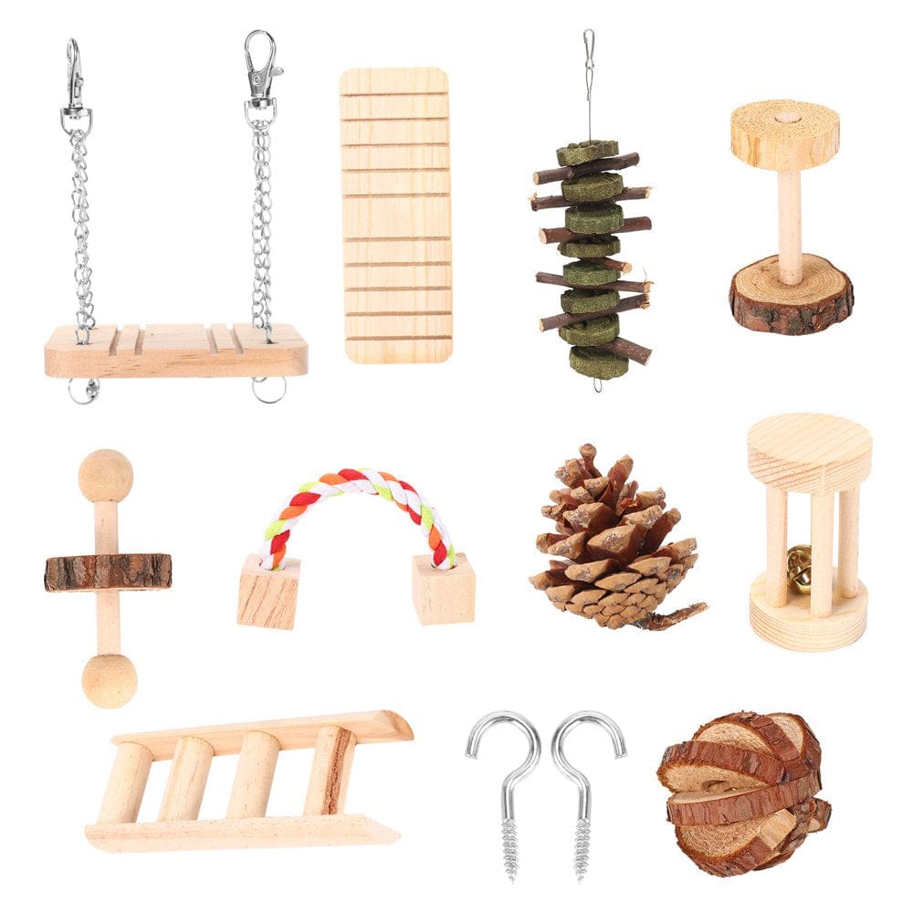 10 Pcs Set Hamster Chew Toys Natural Wooden Gerbils Rats Chinchillas Toys Accessories Dumbbells Exercise Roller Teeth Care Molar Toy for Guinea Pig Bunny Rabbits