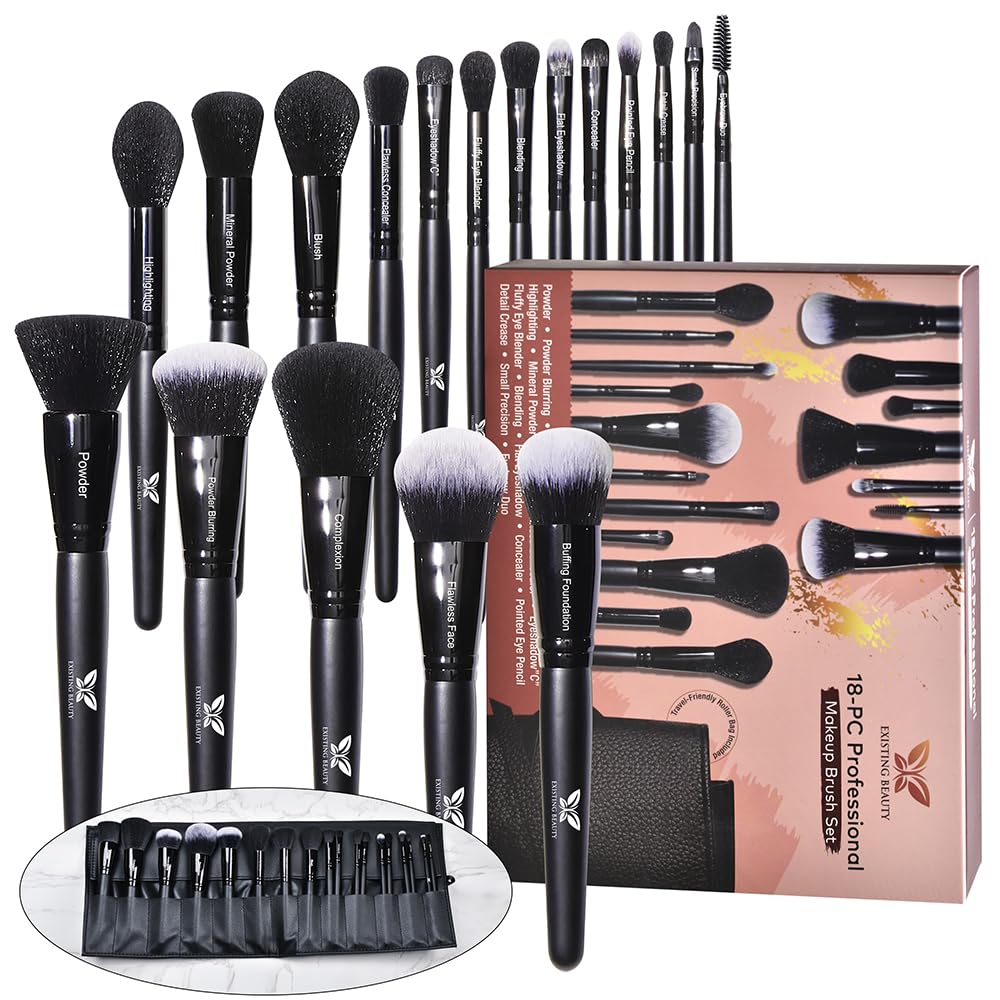 18-Pc Makeup Brush Set - Professional Makeup Brushes for Foundation, Powder, Blush, Contour, Eyeshadow, Brow, Lip, Fan and More - Total Makeup Brushes Set with Case Included - By Existing Beauty