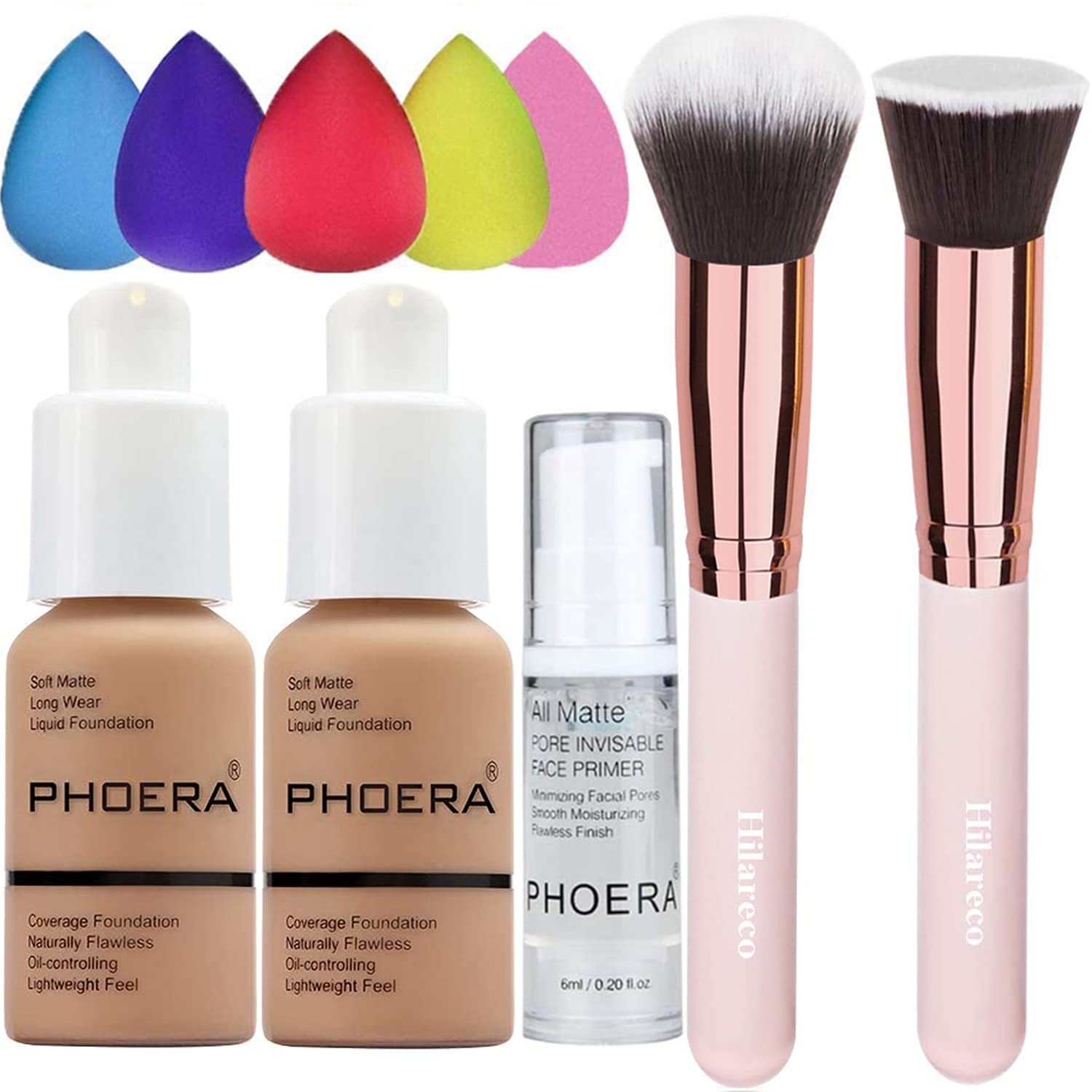 2 Pack PHOERA Foundation Sand 105 and Face Primer, Liquid Full Coverage Foundation Set, Foundation Brush Powder Brush,5 Makeup Sponge, 24HR Matte Oil Control Concealer (2pcs 105 Sand)