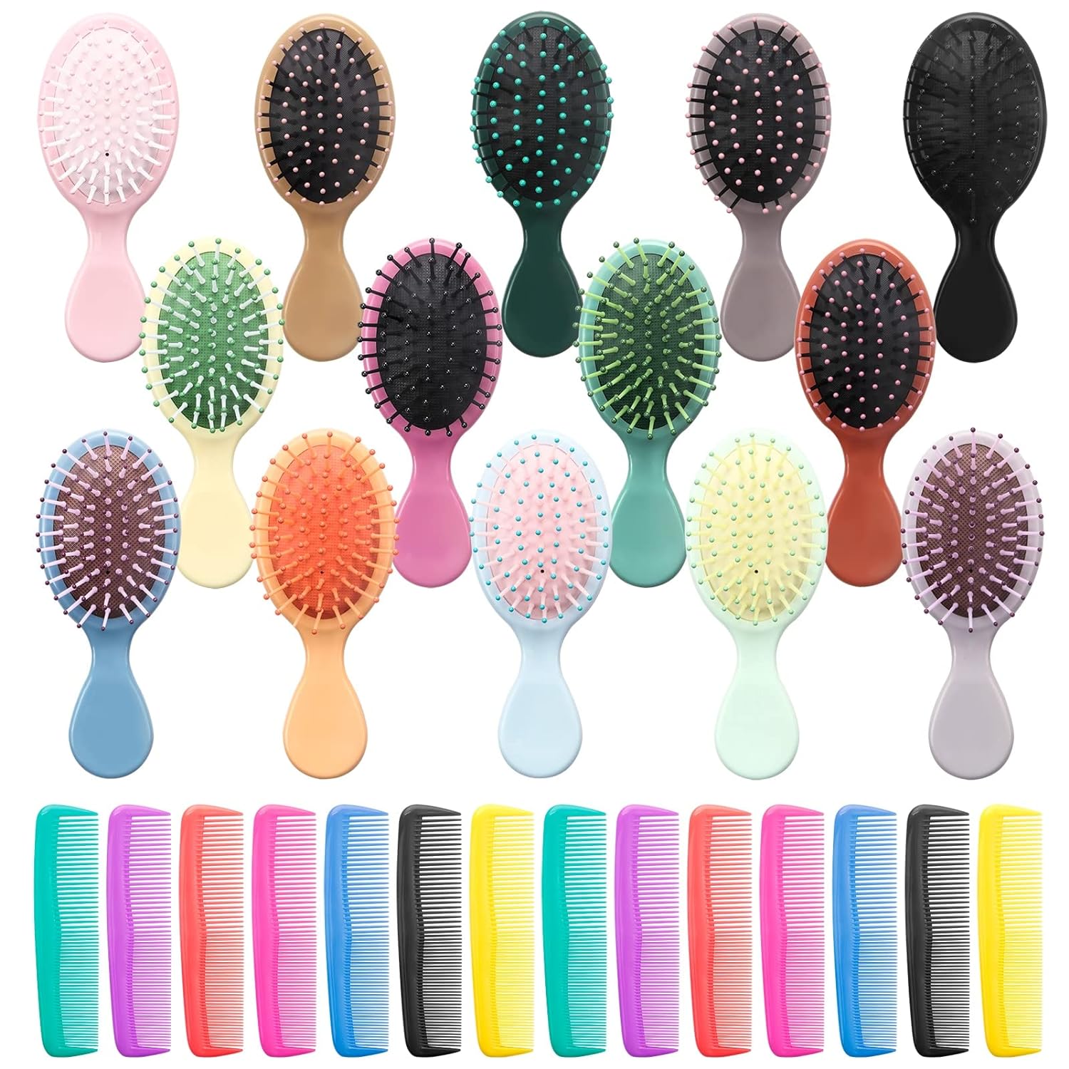 28 Pack Mini Hair Brush, ANSLCA Detangling Hair Combs Set - Include 14 Travel Mini Brush for Hair + 14 Fine Wide Hair Combs Wet Dry Hair for Girls Women Boys Men Kids (Stylish Colorful)